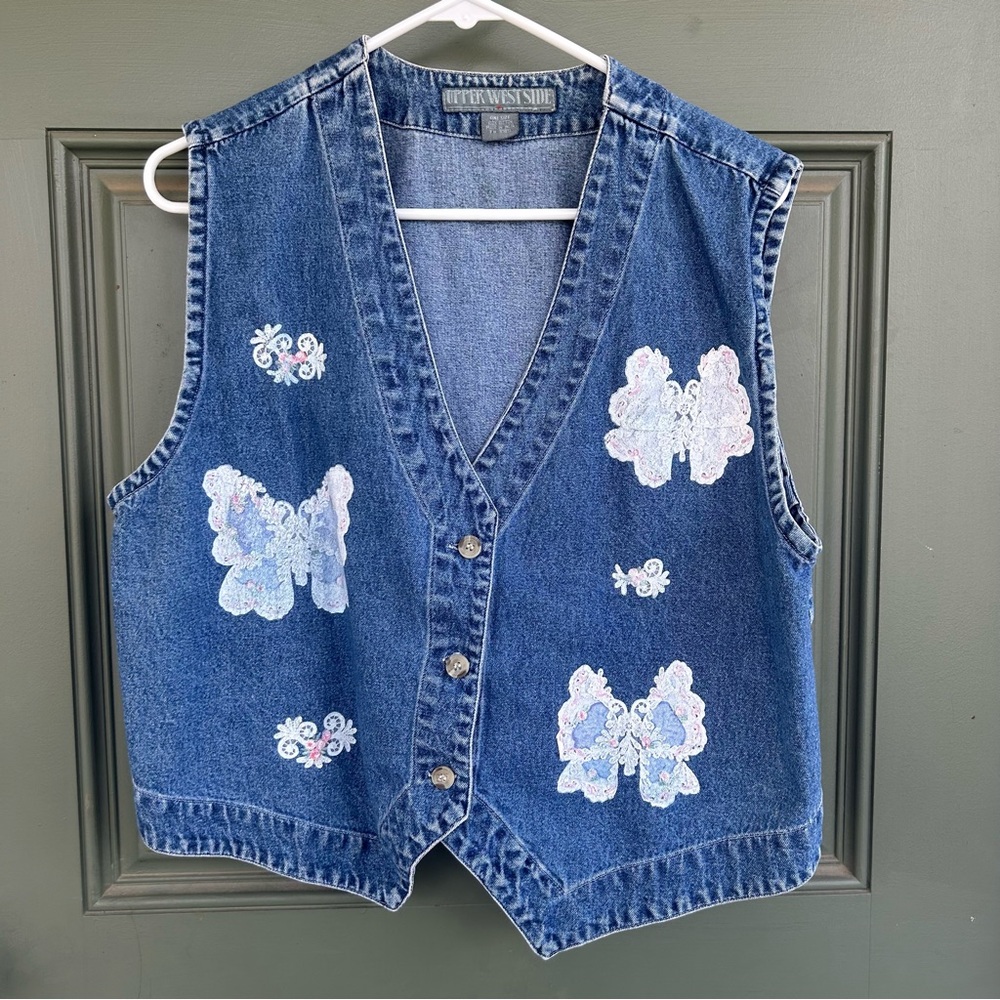 Denim Vest with Butterfly Vintage Lace Detail